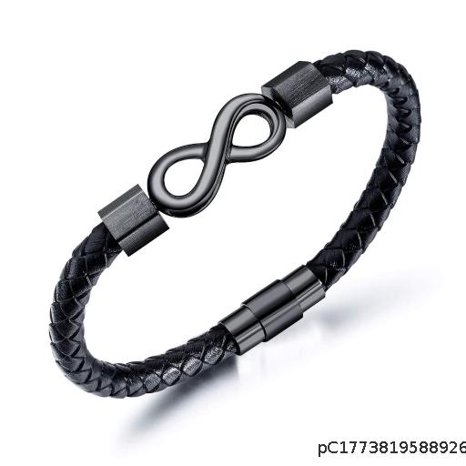[Wholesale 5pcs] 8-shaped stainless steel black handmade leather men's cuff bracelet magnetic buckle round rope 8-shaped leather men's bracelet
