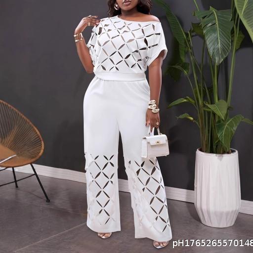 Elegant Solid Color Casual Asymmetric Shoulder Embroidery 2-piece Set