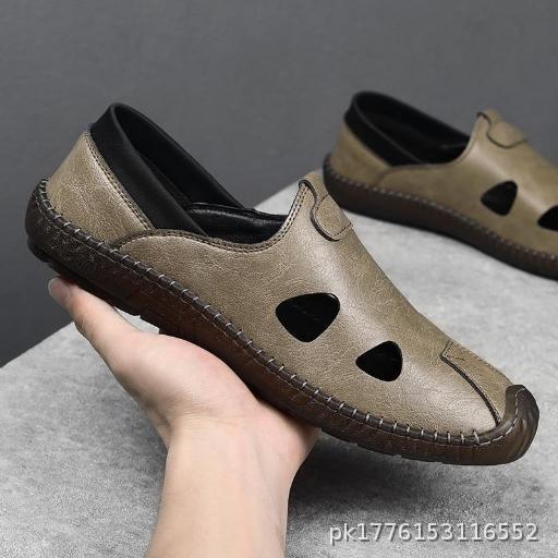 Men's Shoes 2025 Summer Hollow Breathable Hole Shoes Cowhide Bottom Anti slip Driving Shoes Breathable Casual Leather Shoes for Men