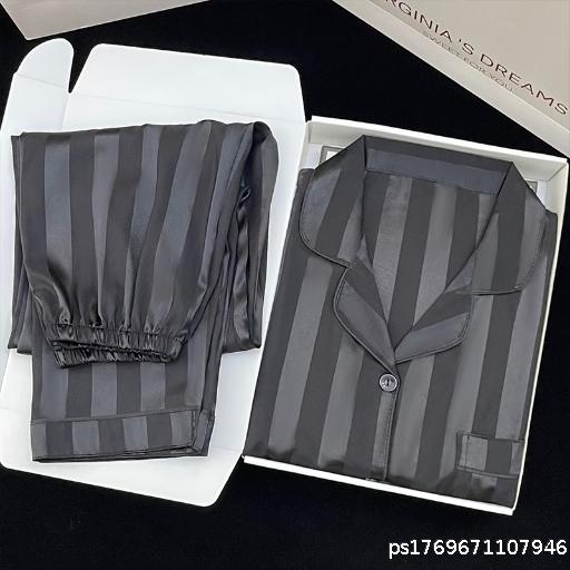  High end striped pajamas for women's spring and summer new style long sleeved long pants thin cardigan can be worn outside two-piece set, real shot wholesale