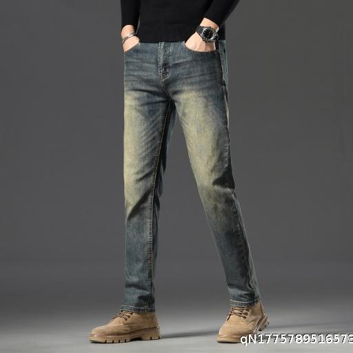  Spring and Autumn Men's Jeans, Slim Fit, Fashionable, Simple Pants, Men's Mid to High Waist, Elastic Straight Leg Pants, Men's Style