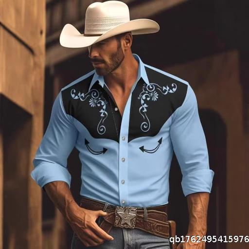 Western Party Four sided Elastic Cowboy Men's Shirt Spring Autumn Azkett Printed Men's Long sleeved Shirt