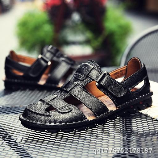 Beach Shoes Men's Genuine Leather Bag Head Hollow Lightweight Breathable Soft Bottom Non slip Sandals