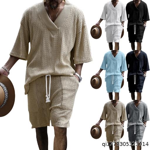 European and American casual loose seven quarter sleeve jacquard knitted sweater top shorts men's set