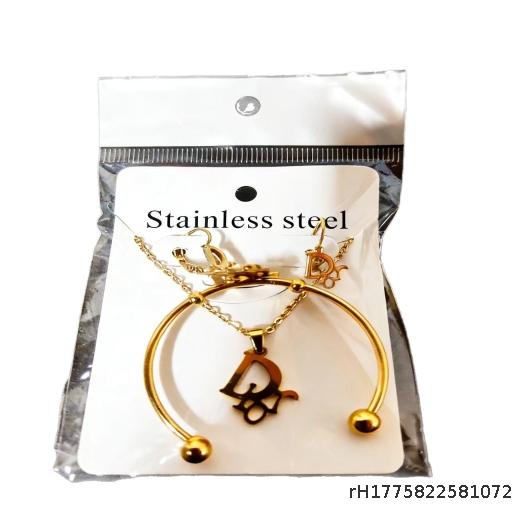 Children's Gold Stainless Steel Simple, Fashionable, Versatile, Light Luxury, Niche Letter Earrings, Headpieces, Bracelet Set