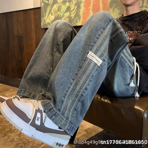 Men's Trendy Elastic Waist Jeans Men's Loose Straight Leg Wide Leg High Street American Washed Retro Rascal Handsome Pants