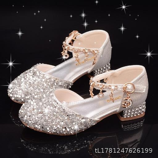  Wholesales-New Children's Crystal High Heels, Girls' Crystal Princess Shoes, Primary School Students' Internet Celebrities, Coarse Heels, Middle Sized Children's Fashion Leather Shoes