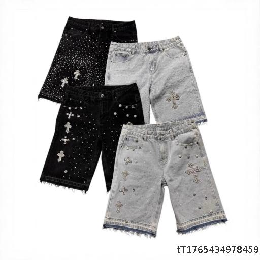 European and American High Street Full Diamond Hip Hop Cross Straight Tube Hot Stamped Denim Shorts Five Quarter Jeans