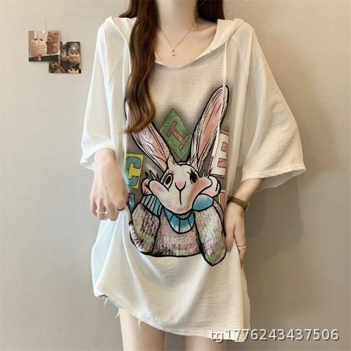 Ice Silk Rabbit Printed Hooded Short sleeved T-shirt for Women