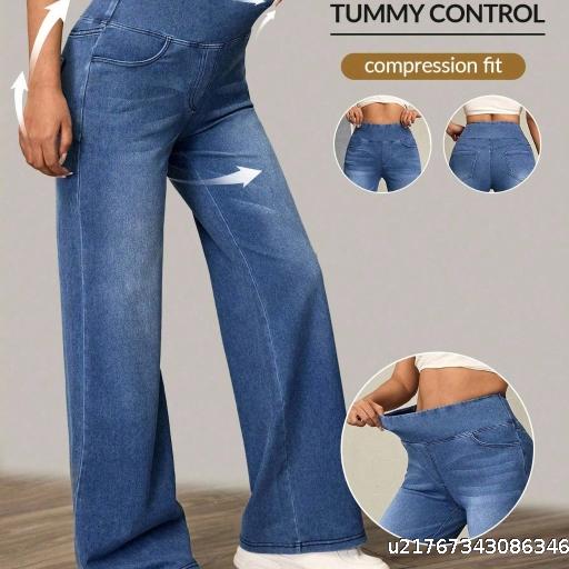 Fashion Knitted Denim Loose Comfortable Elastic Jeans Women's High Waist Wide Leg Drop Feel Straight Leg Pants