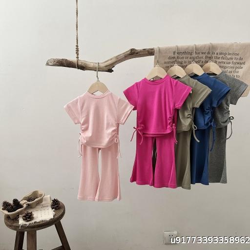 Girls' Summer Set Korean Short Sleeve T-shirt Summer Western Style Drawstring Round Neck Top Baby Summer New Bell bottom Pants