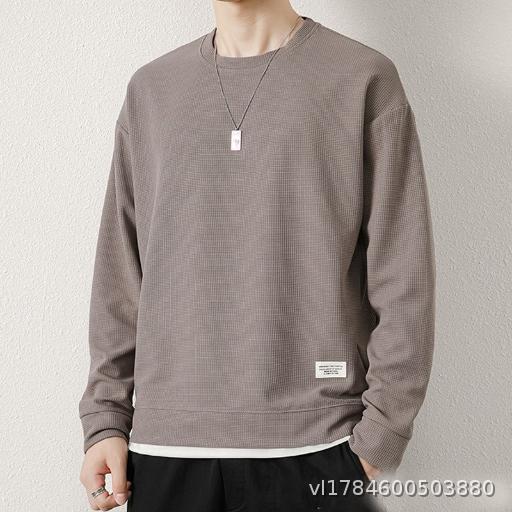 Men's Simple and Versatile Waffle Long Sleeve Hoodie Men's Spring and Autumn Season Youth Loose Round Neck Long Sleeve Top