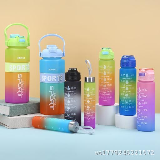 Gradient Hexagonal Plastic Cup 3-Piece Set Outdoor Convenient Sports Water Bottle Large Capacity with Straw and Big Belly Cup