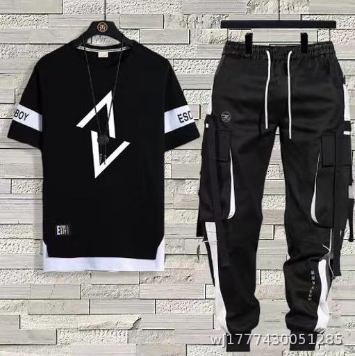  Short sleeved T-shirt for men's summer thin casual trendy pants sports suit, men's loose half sleeved T-shirt set