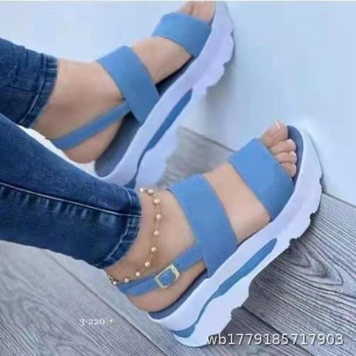 Autumn and Summer New Foreign Trade Fashion Sandals for Women, Wide Face One Word Strap Sweet Wind Thick Bottom Large Slope Heel Sandals for Women