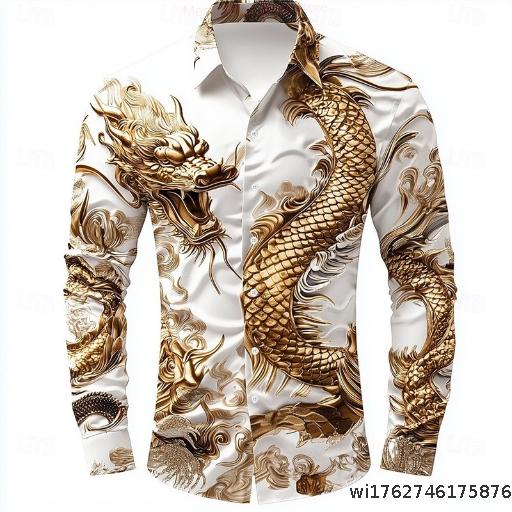 Hot-selling men's fashion 3D printed dragon shirt, casual everyday shirt, long-sleeved animal shirt