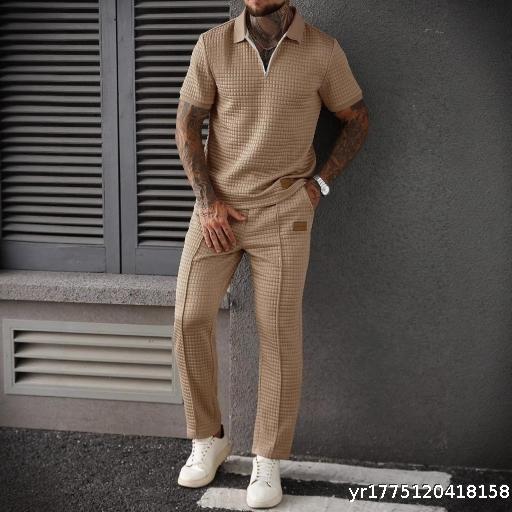 European and American Men's Sports and Leisure Zipper Polo Shirt Top Pants Two Piece Set