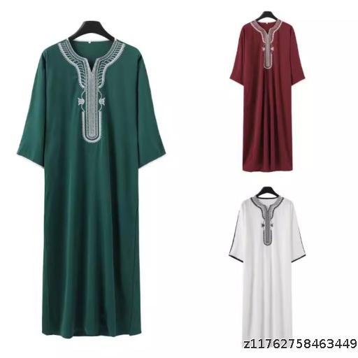  New Islamic Men's Short Sleeve Embroidered Moroccan Loose Ethnic Style Arabic Robe