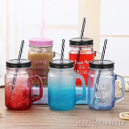 [Wholesale 50] Gradient Colored Glass Cup Rooster Cup Juice Beverage Water Cup Transparent Belt Lid Mark Cup Handle Cup Mason Cup