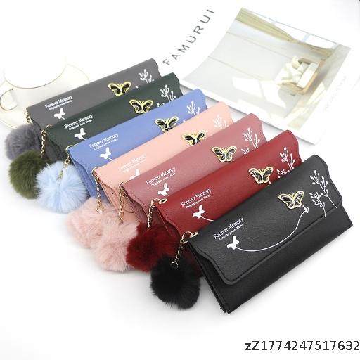 [Wholesale 3 Items] Fashion Women's Long Wallet Solid Color Hairball Bow Handbag Long Bag Card Bag Zero Wallet