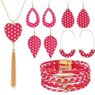 Red water drop series leather earrings alloy necklace bracelet set for women