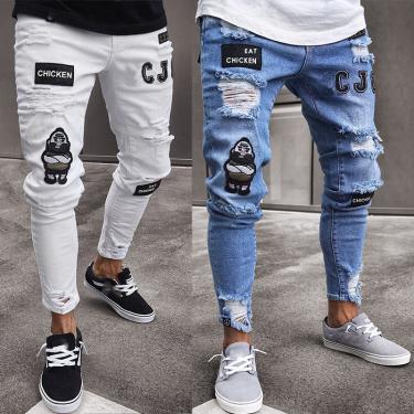 European and American white high-end denim men's trousers with holes in them, black slim denim men