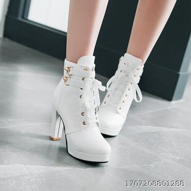 Fashionable short leather boots with belt buckle and tie up, thick heels and high heels
